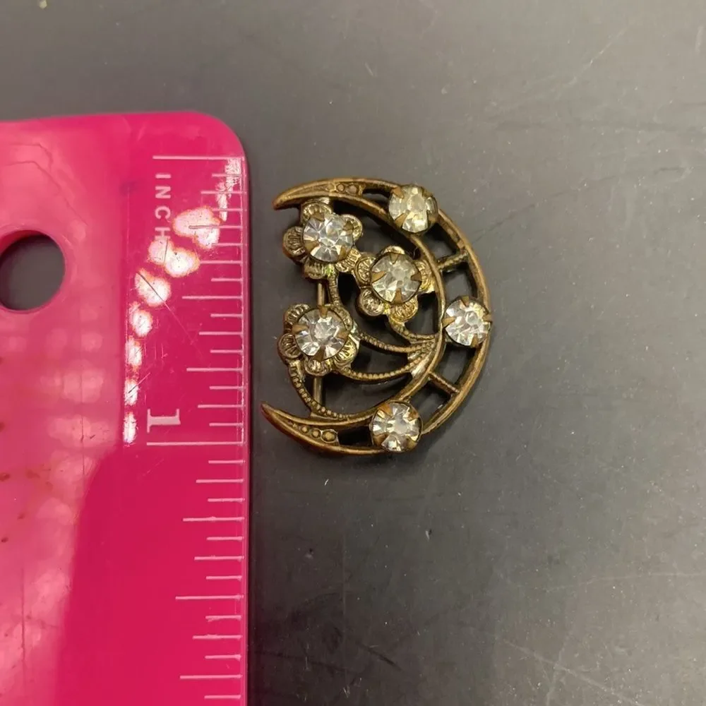 Vintage Rhinestone Moon Pin Brooch